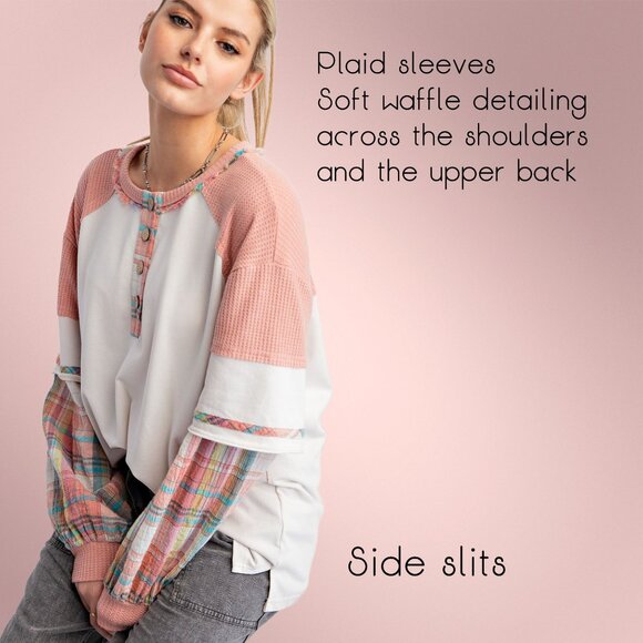 EASEL "Alabama Top - Talladega" Loose Fit Henley Layered Look Mineral Washed Top - Picture 5 of 14